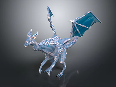 Detailed 3D Mythical Dragon Model with Silver Body Blue Wings and Horned Head 3d model