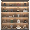 Various Ceramic Tea Sets Display With Teapots Canisters And Decorative Shelves 3d model
