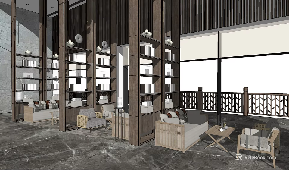 Hotel Public Lounge with Wooden Bookshelves Sofas Coffee Tables Marble Floor and Large Windows 3d model 