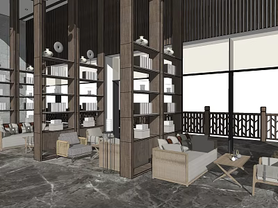Hotel Public Lounge with Wooden Bookshelves Sofas Coffee Tables Marble Floor and Large Windows 3d model