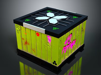 Decorative Cube Structure With Black Top Geometric Pattern Green Panels And Pink Graffiti 3d model