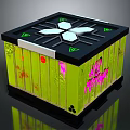 Decorative Cube Structure With Black Top Geometric Pattern Green Panels And Pink Graffiti