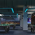 Modern Billiard Room Interior With Multiple Pool Tables And City Night View Lighting