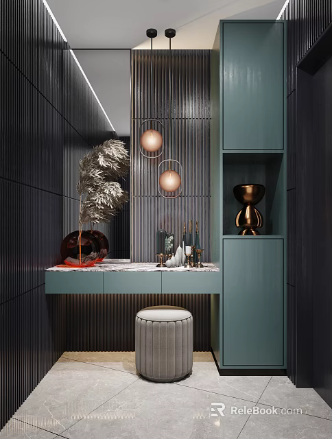 Elegant Modern Entryway Hallway With Teal Cabinets Striped Walls Mirror Vanity And Pendant Lights 3d model 