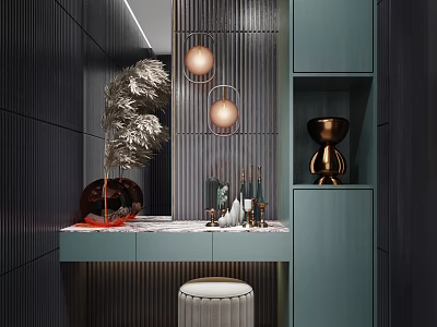 Elegant Modern Entryway Hallway With Teal Cabinets Striped Walls Mirror Vanity And Pendant Lights 3d model