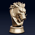 Exquisite Golden Boar Head Sculpture Featuring Detailed Carving on Elegant Pedestal
