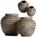 Rustic Striped Ceramic Vessels With Textured Surfaces And Various Sizes In Rounded Shapes