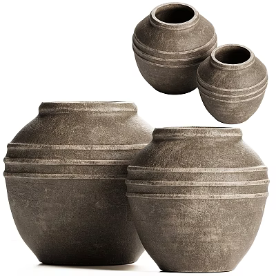 Rustic Striped Ceramic Vessels With Textured Surfaces And Various Sizes In Rounded Shapes 3d model