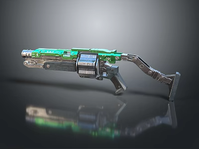 Futuristic Sci Fi Weapon With Green Blue Accents Metallic Structure Grip And Barrel Design 3d model