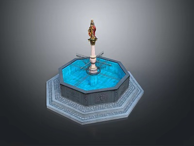 Outdoor Decorative Fountain With Octagonal Design Statue Centerpiece Blue Water And Carved Base 3d model