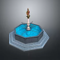 Outdoor Decorative Fountain With Octagonal Design Statue Centerpiece Blue Water And Carved Base