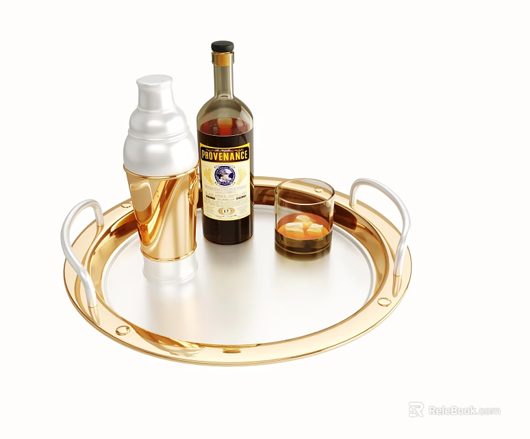 Elegant Liquor Bottle And Glassware On Gold Tray With Cocktail Shaker 3d model 