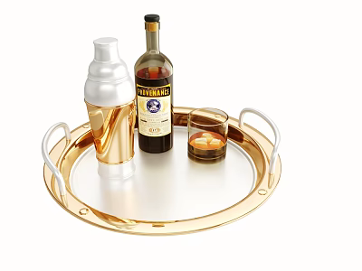 Elegant Liquor Bottle And Glassware On Gold Tray With Cocktail Shaker 3d model