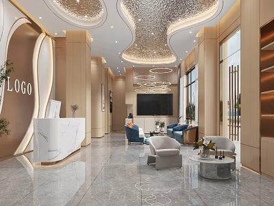Modern Beauty Hair Salon Lobby With Reception Desk Sofa And Decorative Lights 3d model