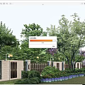 Tall Arbor Trees in Garden Landscape with Brick Walls Fence Purple Flowers and Green Shrubs