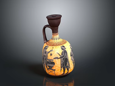 Sculpted Ceramic Vase With Black Figure Decoration Yellow Body And Brown Handle 3d model
