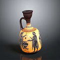 Sculpted Ceramic Vase With Black Figure Decoration Yellow Body And Brown Handle