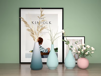 Stylish Decorative Ornament Set with Ceramic Vases Dried Pampas and White Flowers on Wooden Table 3d model