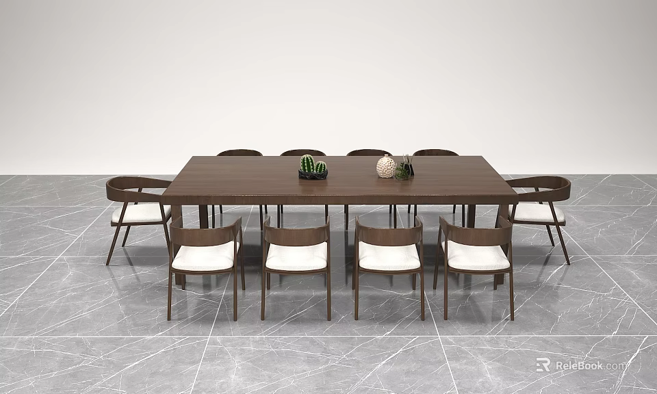Modern Wooden Conference Table With Matching Chairs And Decorative Plants On Gray Marble Floor 3d model 