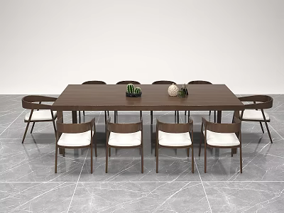 Modern Wooden Conference Table With Matching Chairs And Decorative Plants On Gray Marble Floor 3d model
