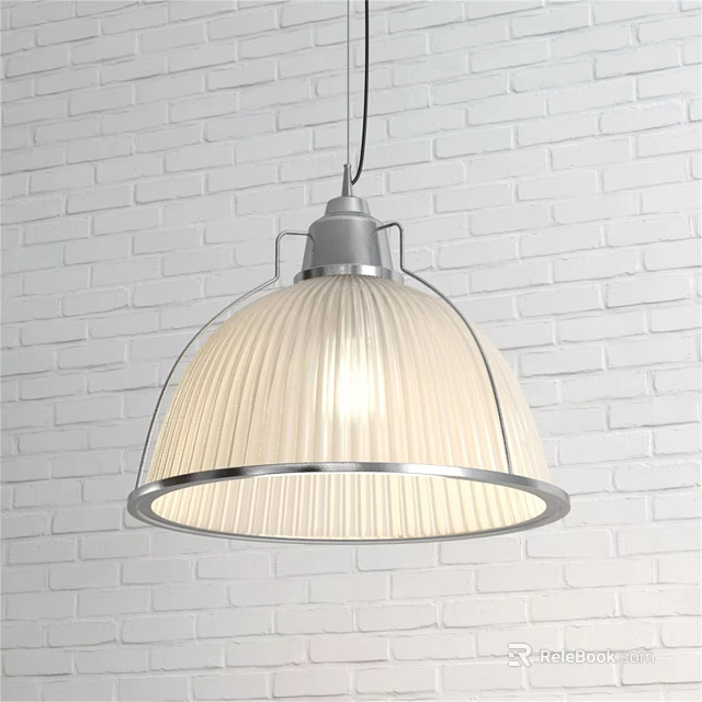 Modern Minimalist Pendant Light with Silver Frame and Cream Ribbed Shade Against White Brick Wall 3d model 
