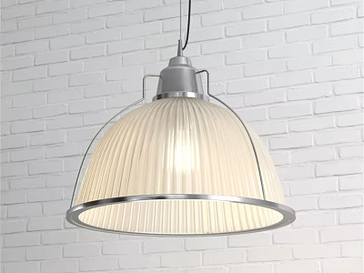 Modern Minimalist Pendant Light with Silver Frame and Cream Ribbed Shade Against White Brick Wall 3d model