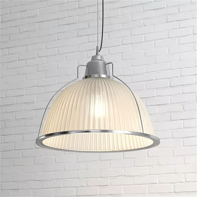 Modern Minimalist Pendant Light with Silver Frame and Cream Ribbed Shade Against White Brick Wall 3d model