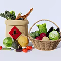 Assorted Fresh Vegetables in Traditional Sack and Woven Basket with Scattered Produce