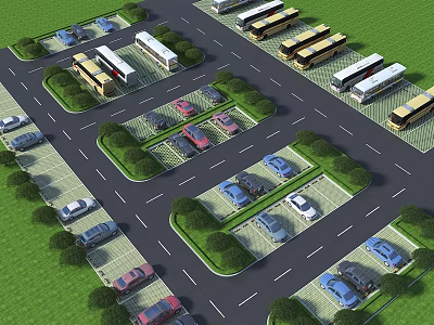 Eco-friendly Parking Lot With Green Landscaping Trees Lawns And Vehicle Parking Spaces 3d model