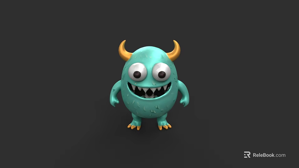Turquoise Cartoon Game Movie Character With Yellow Horns Big Eyes And Sharp Teeth 3d model