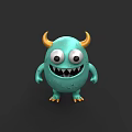 Turquoise Cartoon Game Movie Character With Yellow Horns Big Eyes And Sharp Teeth 3d model
