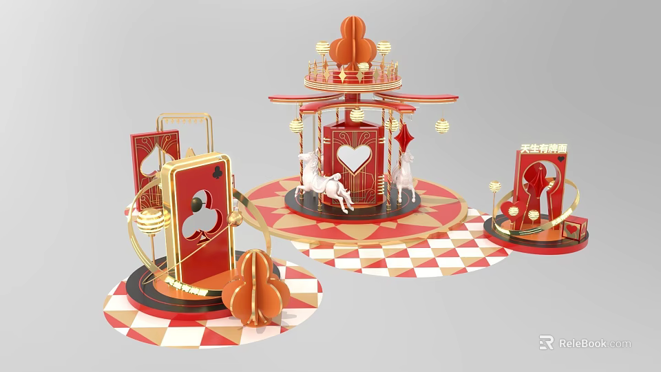 Decorative Carousel Display With Red Gold Accents Playing Card Elements And Geometric Floor 3d model