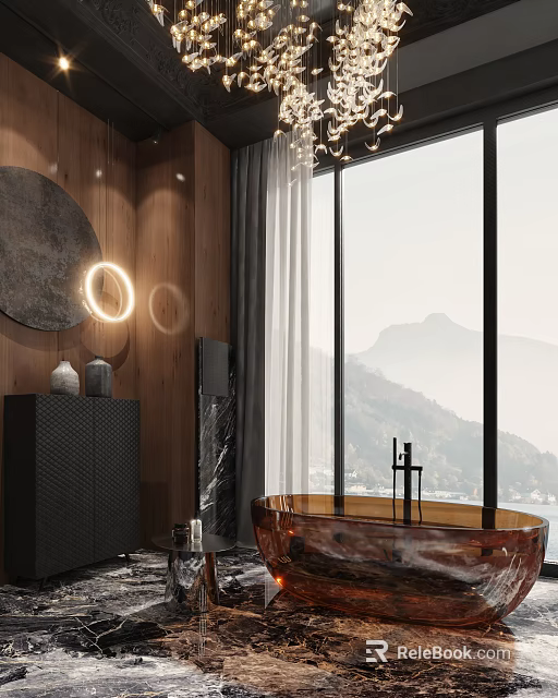 Luxurious Bathroom Interior With Wooden Wall Round Illuminated Mirror Copper Bathtub And Mountain View 3d model 