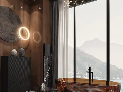 Luxurious Bathroom Interior With Wooden Wall Round Illuminated Mirror Copper Bathtub And Mountain View 3d model