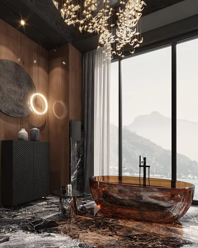 Luxurious Bathroom Interior With Wooden Wall Round Illuminated Mirror Copper Bathtub And Mountain View 3d model