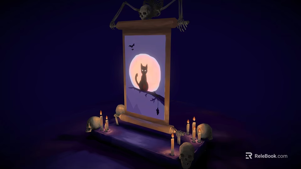 Mystical Game Movie Character Cat on Branch with Full Moon Bats Skeleton Hands and Candles 3d model 