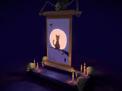 Mystical Game Movie Character Cat on Branch with Full Moon Bats Skeleton Hands and Candles 3d model