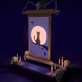 Mystical Game Movie Character Cat on Branch with Full Moon Bats Skeleton Hands and Candles