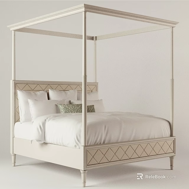 Double Bed with Four Poster Frame Diamond Pattern Headboard White Bedding Pillows and Green Cushion 3d model 