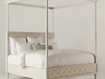 Double Bed with Four Poster Frame Diamond Pattern Headboard White Bedding Pillows and Green Cushion 3d model