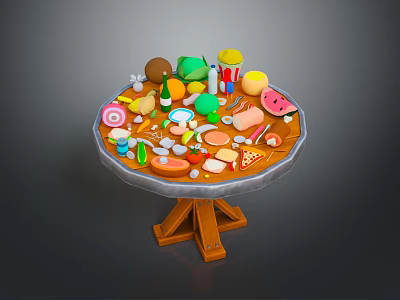 Daily Living Items With Fruits Snacks Drinks And Vegetables On Wooden Round Table 3d model
