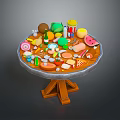 Daily Living Items With Fruits Snacks Drinks And Vegetables On Wooden Round Table