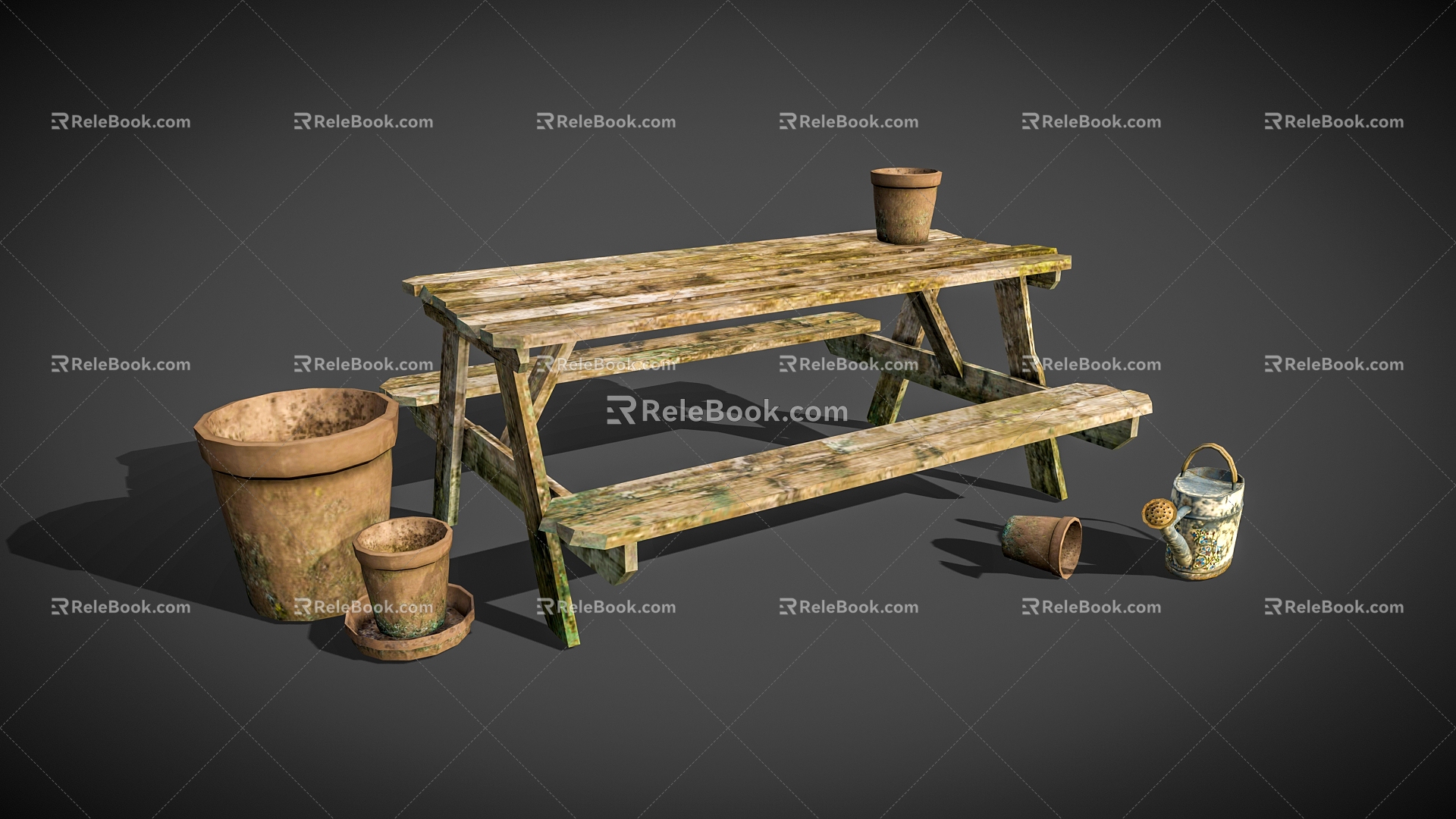 Farm Tools Bench Flower Pot Sprinkling Kettle 3d model