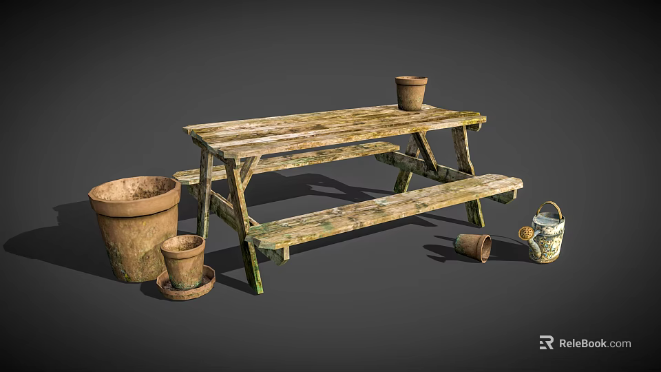 Outdoor Public Wooden Picnic Table with Clay Pots and Watering Can 3d model 