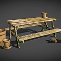 Outdoor Public Wooden Picnic Table with Clay Pots and Watering Can