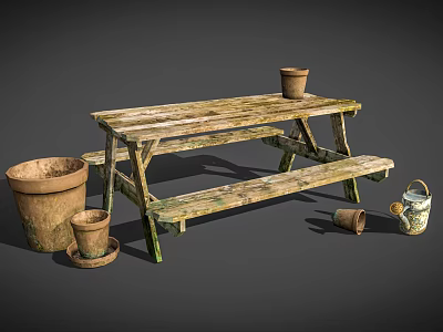 Outdoor Public Wooden Picnic Table with Clay Pots and Watering Can 3d model