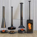 Modern Fireplace Designs With Different Styles Black Chimney And Burning Flame Interior 3d model