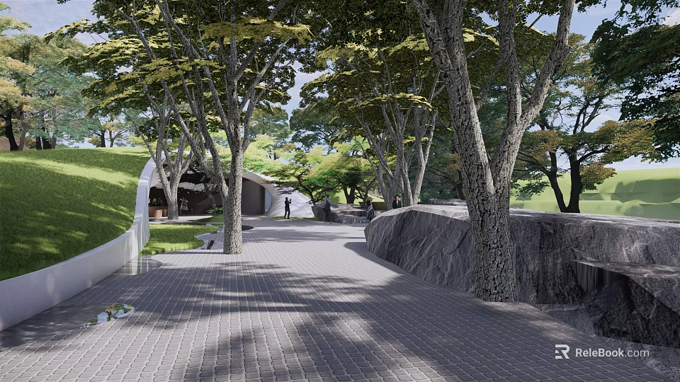 Tranquil Garden Landscape Design With Tree Lined Pathway Green Lawn And Stone Walls 3d model 
