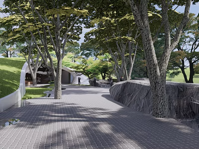 Tranquil Garden Landscape Design With Tree Lined Pathway Green Lawn And Stone Walls 3d model