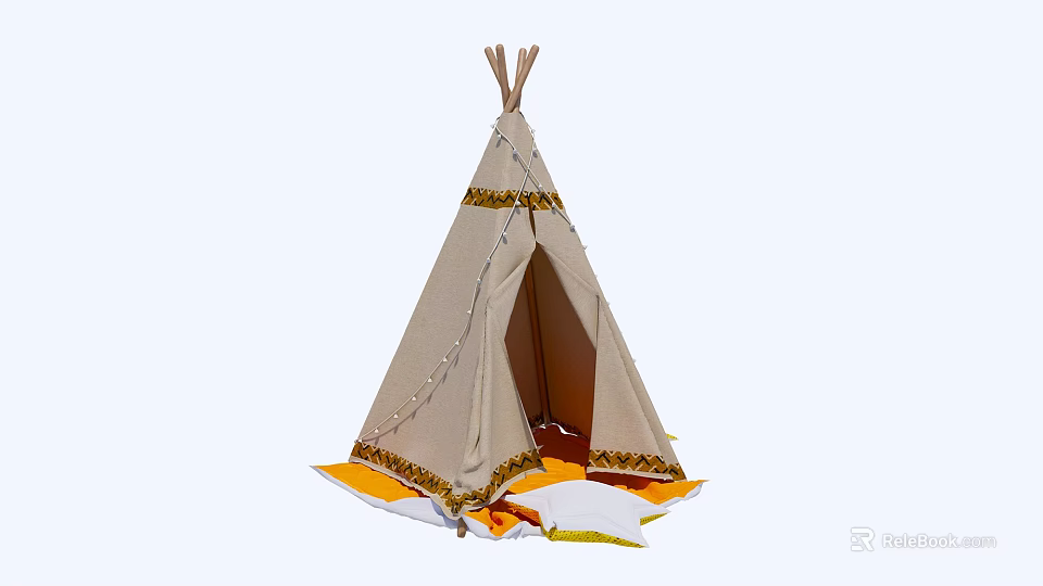 Beige Fabric Teepee Tent With Yellow Trim And Colorful Floor Cushions 3d model 